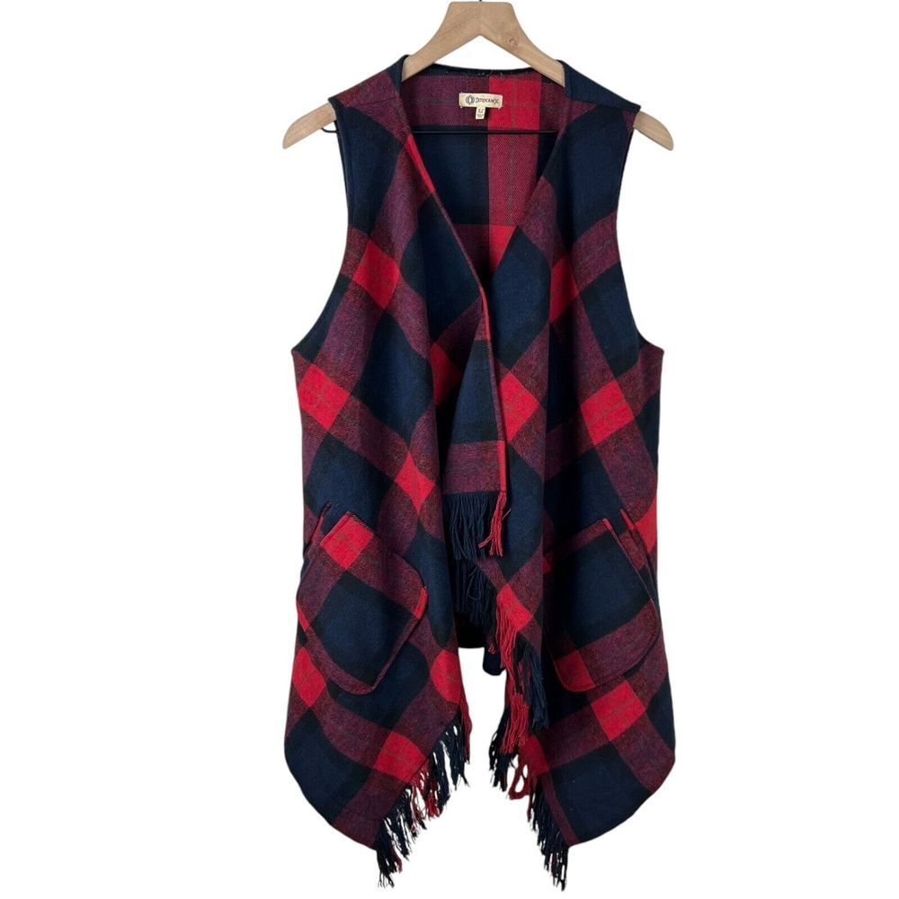 Democracy Red Blue Plaid Snap Button Front Fringe Hem Sleeveless Sweater Vest XL
